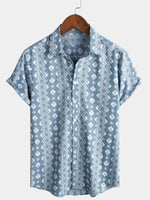 Men's Blue Cotton Retro Button Up Striped Vintage Summer Short Sleeve Shirt