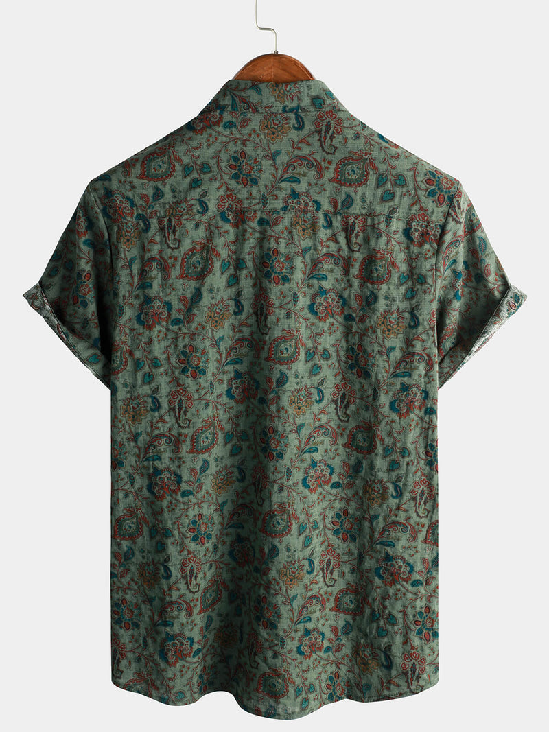 Men's Retro Paisley 70s Green Holiday Button Up Vintage Short Sleeve Shirt