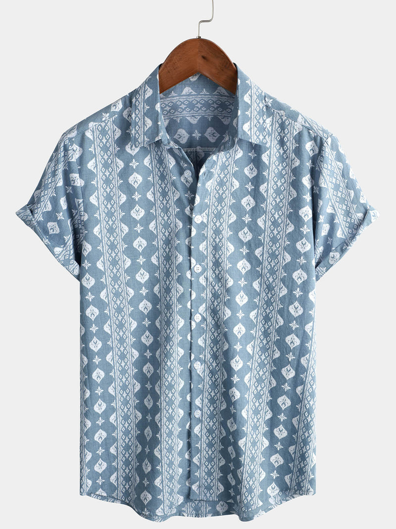 Men's Blue Cotton Retro Button Up Striped Vintage Summer Short Sleeve Shirt