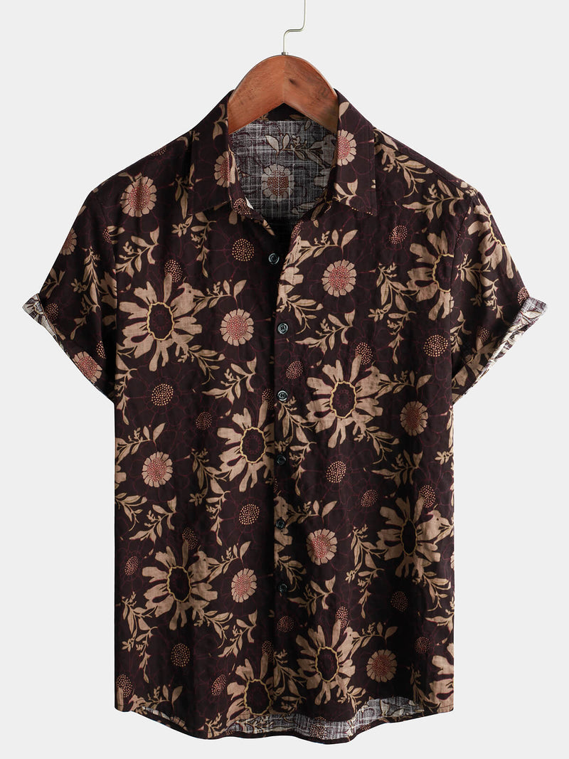 Men's Summer Retro Floral Print Boho Holiday Beach Short Sleeve Shirt
