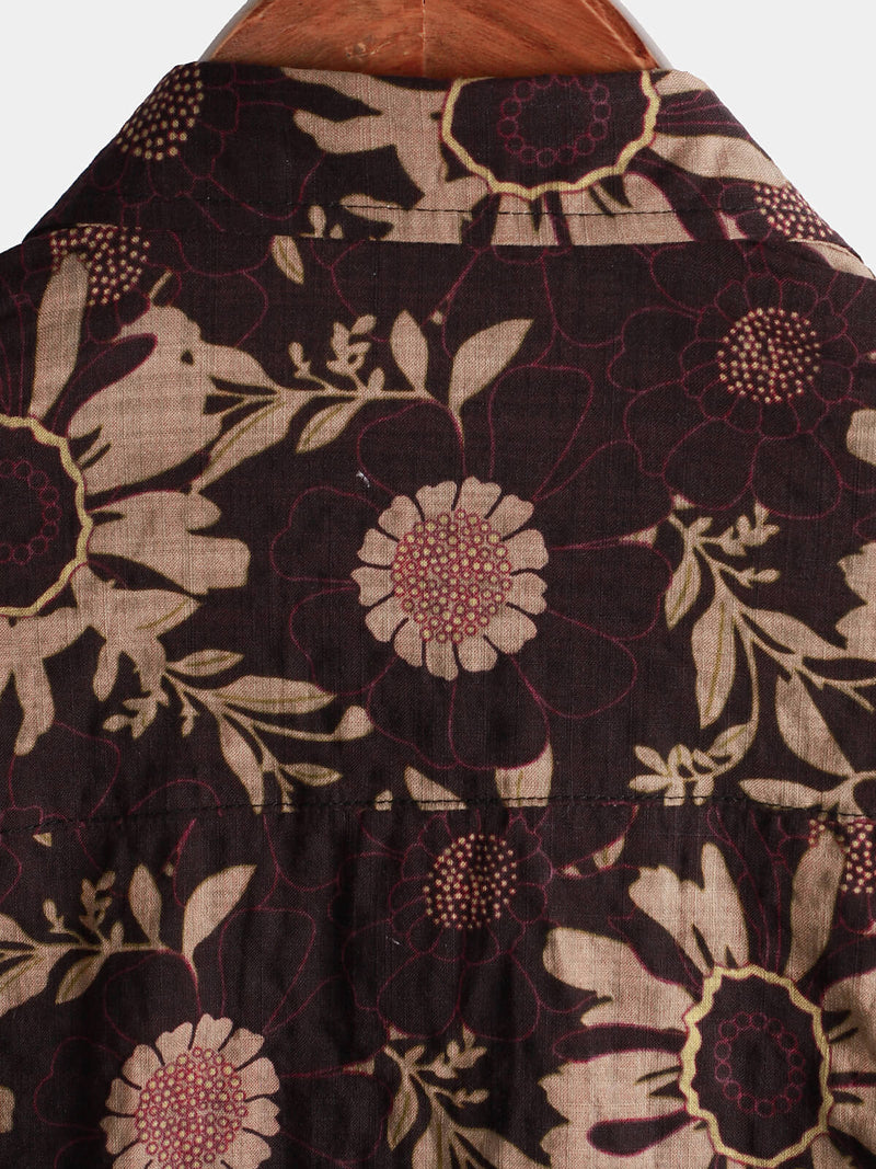 Men's Summer Retro Floral Print Boho Holiday Beach Short Sleeve Shirt