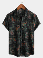 Men's Black Hawaiian Retro Floral Print Summer Button Up Short Sleeve Shirt