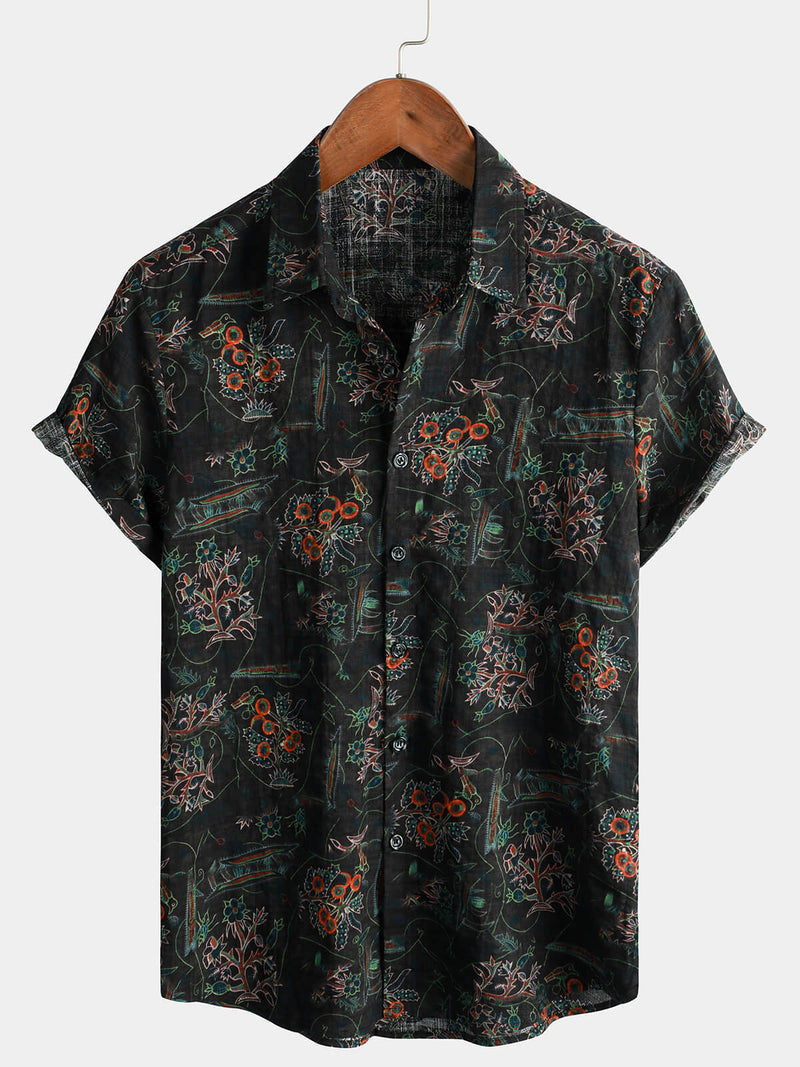 Men's Black Hawaiian Retro Floral Print Summer Button Up Short Sleeve Shirt