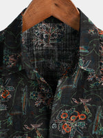 Men's Black Hawaiian Retro Floral Print Summer Button Up Short Sleeve Shirt