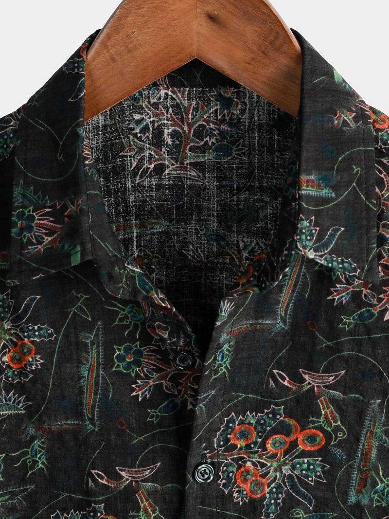 Men's Black Hawaiian Retro Floral Print Summer Button Up Short Sleeve Shirt