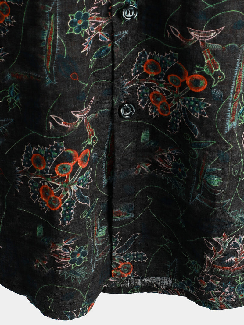Men's Black Hawaiian Retro Floral Print Summer Button Up Short Sleeve Shirt