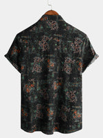 Men's Black Hawaiian Retro Floral Print Summer Button Up Short Sleeve Shirt