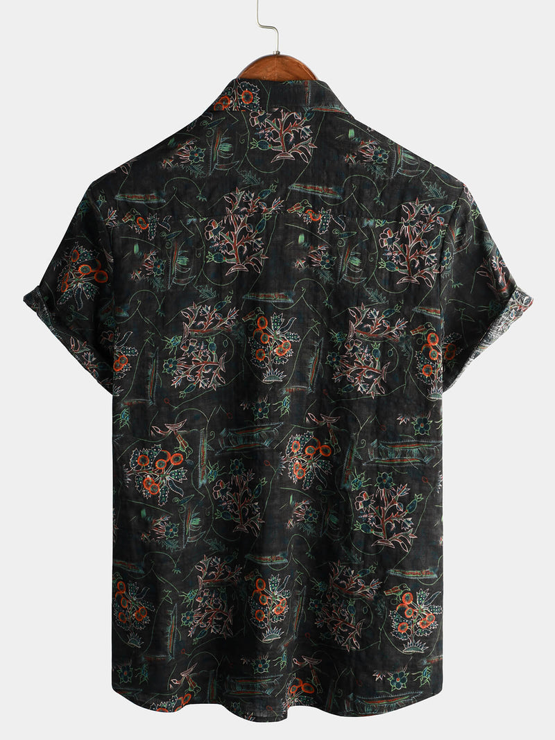 Men's Black Hawaiian Retro Floral Print Summer Button Up Short Sleeve Shirt