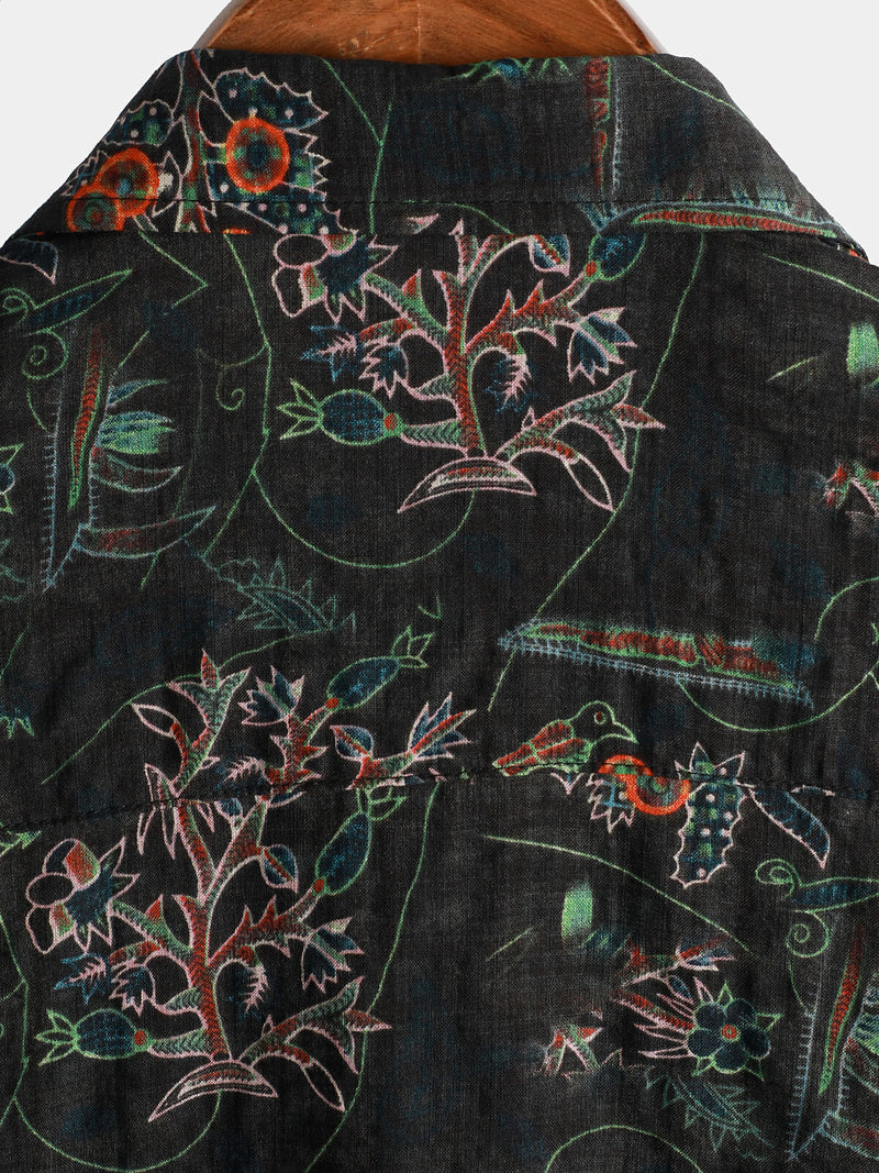 Men's Black Hawaiian Retro Floral Print Summer Button Up Short Sleeve Shirt