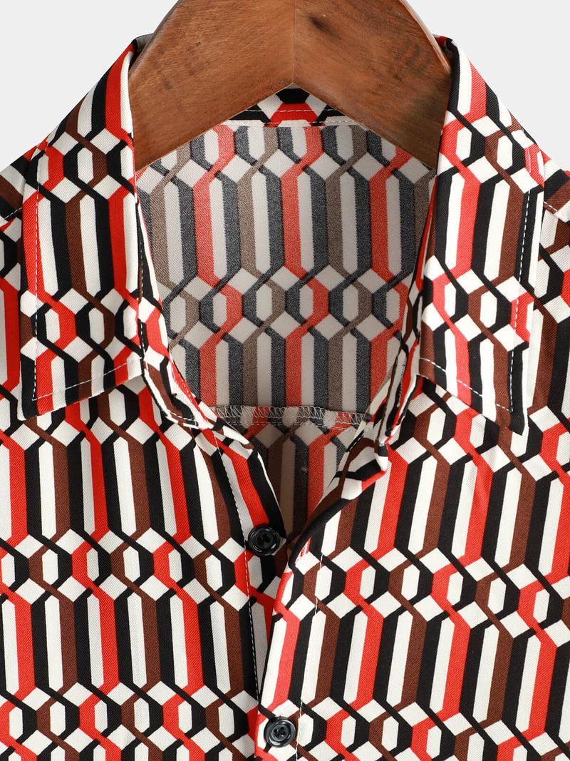 Men's Casual Retro Geometric Button Up Cool Short Sleeve Summer Shirt
