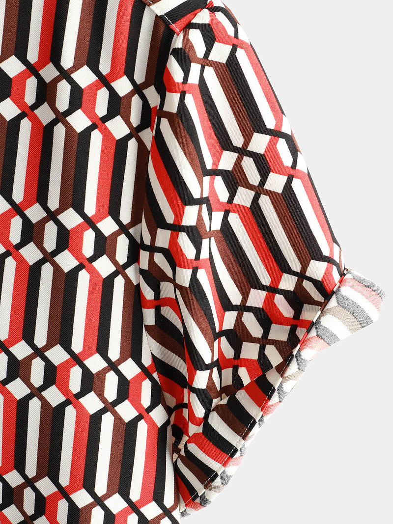 Men's Casual Retro Geometric Button Up Cool Short Sleeve Summer Shirt