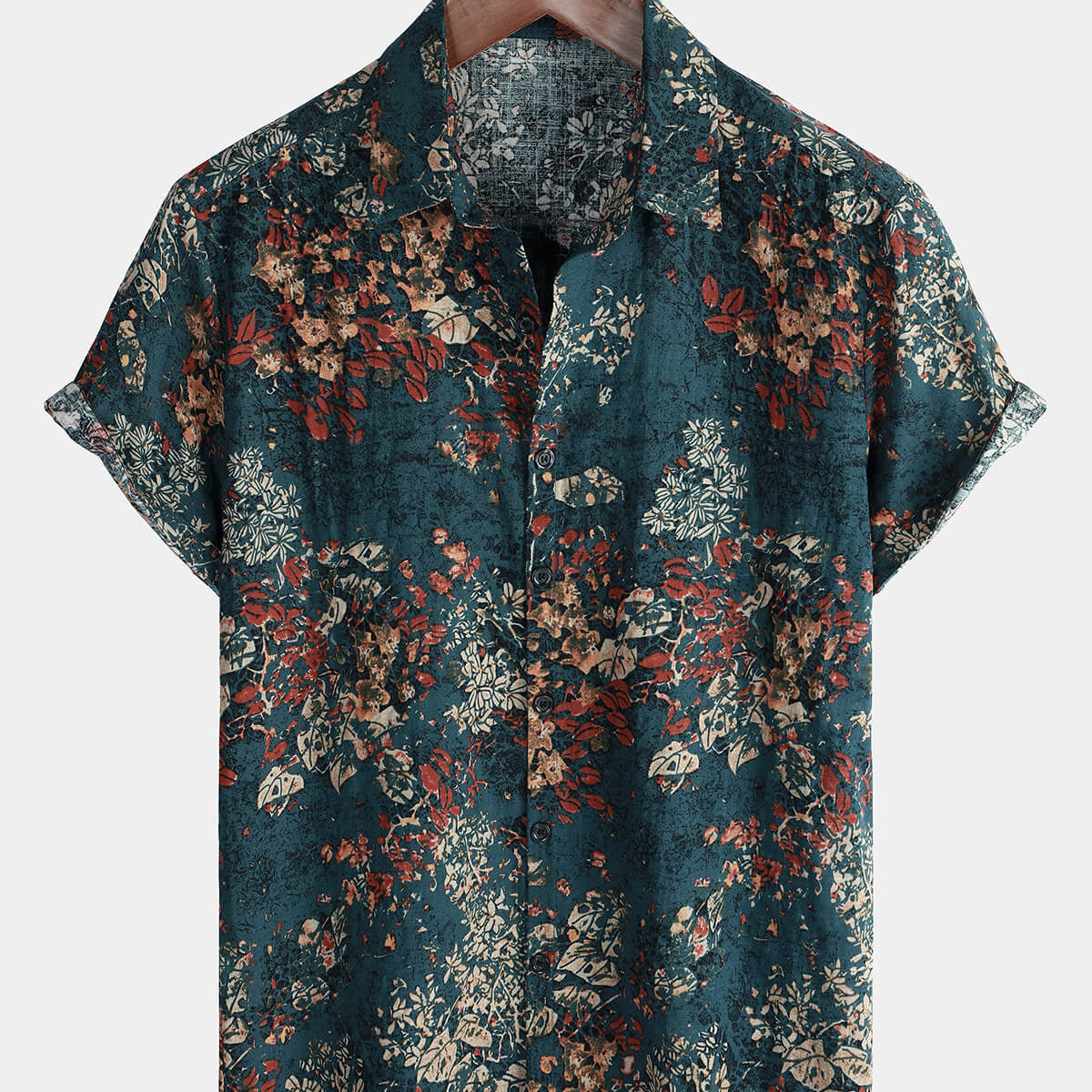 Men's Vintage Holiday Retro Cotton Floral Button Up Short Sleeve Shirt