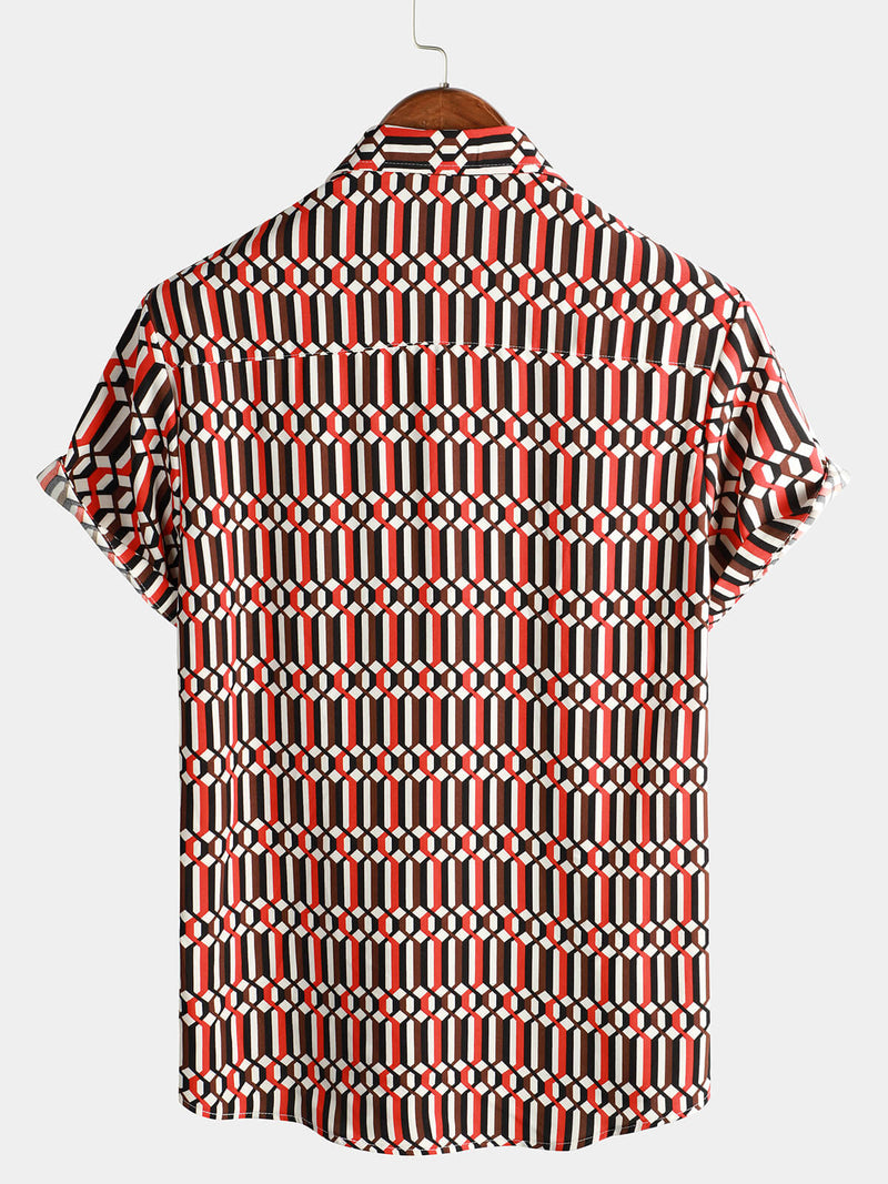 Men's Casual Retro Geometric Button Up Cool Short Sleeve Summer Shirt