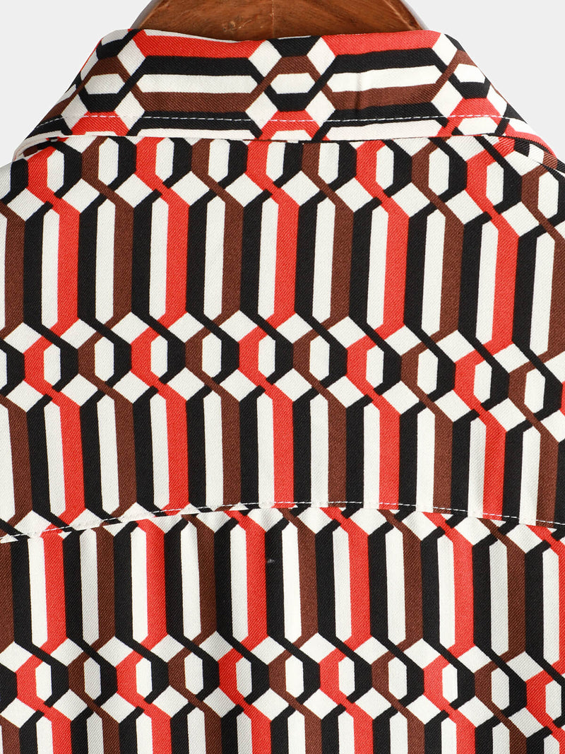 Men's Casual Retro Geometric Button Up Cool Short Sleeve Summer Shirt