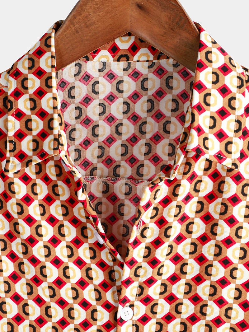 Men's Retro Geometric 70s Disco Party Button Up Summer Short Sleeve Shirt