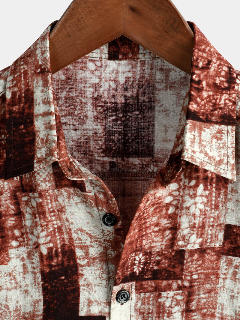Men's Summer Vintage Cotton Patchwork Short Sleeve Retro 70s Summer Button Up Shirt