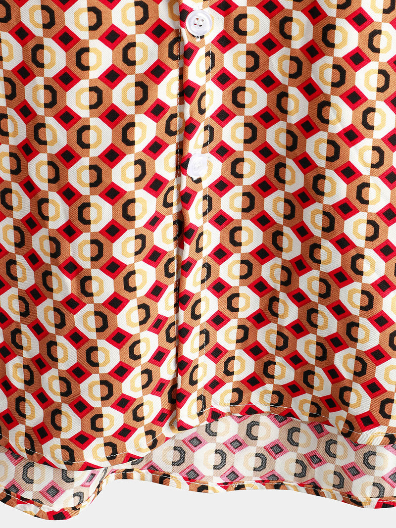 Men's Retro Geometric 70s Disco Party Button Up Summer Short Sleeve Shirt