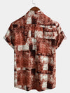 Men's Summer Vintage Cotton Patchwork Short Sleeve Retro 70s Summer Button Up Shirt