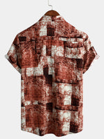 Men's Summer Vintage Cotton Patchwork Short Sleeve Retro 70s Summer Button Up Shirt