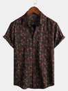 Men's Vintage Floral Short Sleeve Retro Burgundy Summer Beach Button Up Shirt