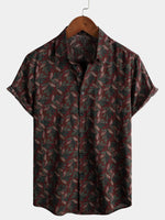Men's Vintage Floral Short Sleeve Retro Burgundy Summer Beach Button Up Shirt