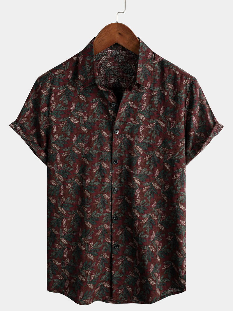 Men's Vintage Floral Short Sleeve Retro Burgundy Summer Beach Button Up Shirt