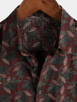 Men's Vintage Floral Short Sleeve Retro Burgundy Summer Beach Button Up Shirt