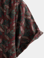 Men's Vintage Floral Short Sleeve Retro Burgundy Summer Beach Button Up Shirt