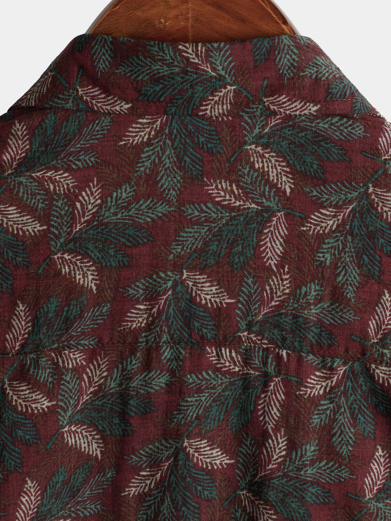 Men's Vintage Floral Short Sleeve Retro Burgundy Summer Beach Button Up Shirt