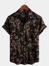 Men's Retro Leaf Floral Print Cotton Button Up Vintage Holiday Short Sleeve Shirt
