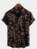 Men's Retro Leaf Floral Print Cotton Button Up Vintage Holiday Short Sleeve Shirt