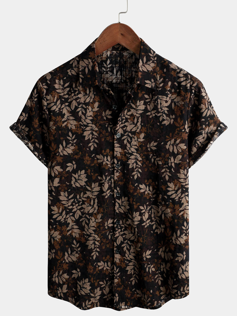 Men's Retro Leaf Floral Print Cotton Button Up Vintage Holiday Short Sleeve Shirt