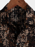 Men's Retro Leaf Floral Print Cotton Button Up Vintage Holiday Short Sleeve Shirt