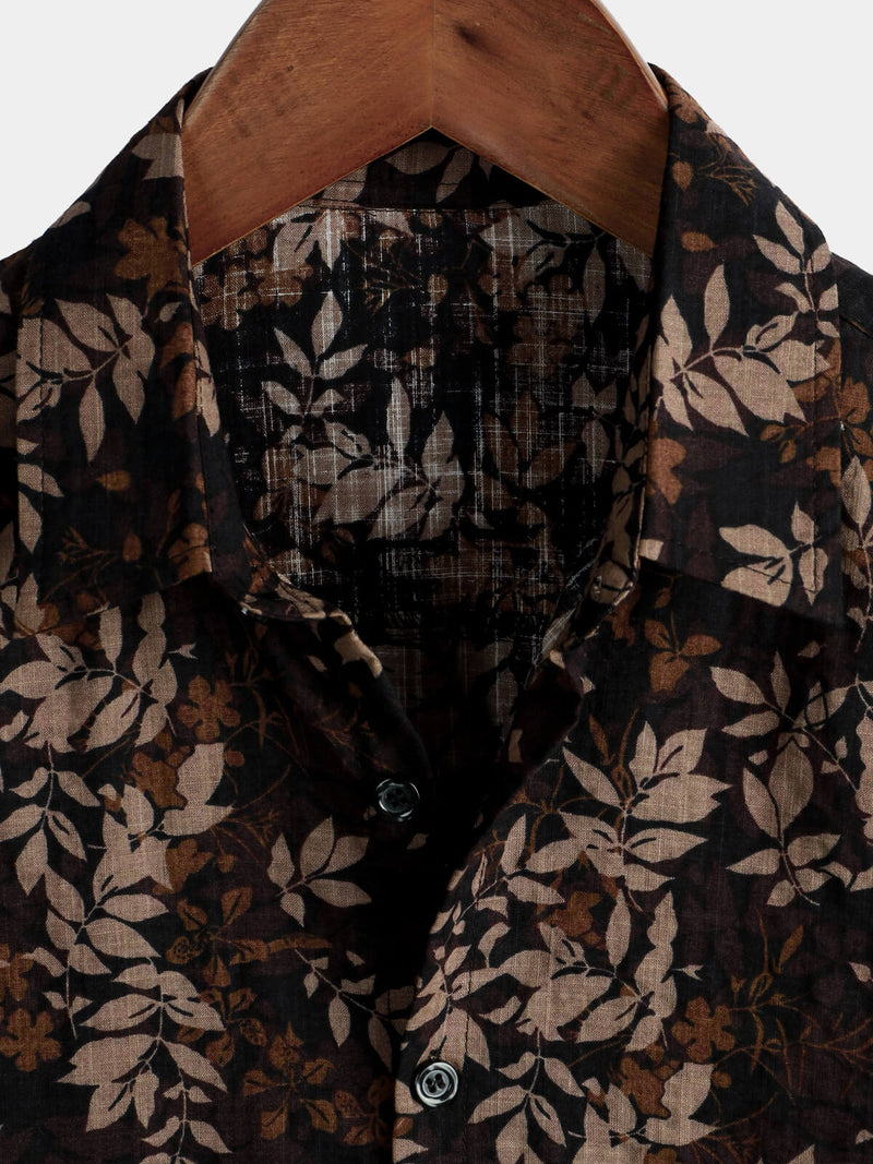 Men's Retro Leaf Floral Print Cotton Button Up Vintage Holiday Short Sleeve Shirt