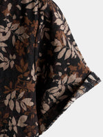 Men's Retro Leaf Floral Print Cotton Button Up Vintage Holiday Short Sleeve Shirt