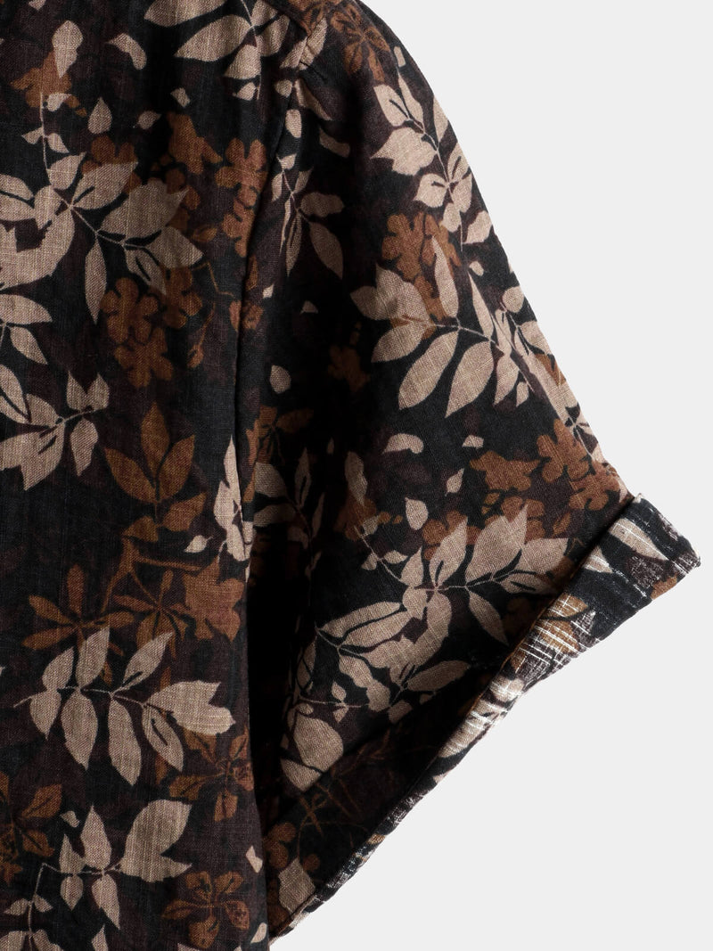 Men's Retro Leaf Floral Print Cotton Button Up Vintage Holiday Short Sleeve Shirt