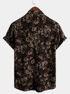 Men's Retro Leaf Floral Print Cotton Button Up Vintage Holiday Short Sleeve Shirt