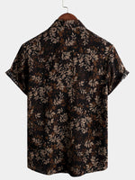 Men's Retro Leaf Floral Print Cotton Button Up Vintage Holiday Short Sleeve Shirt