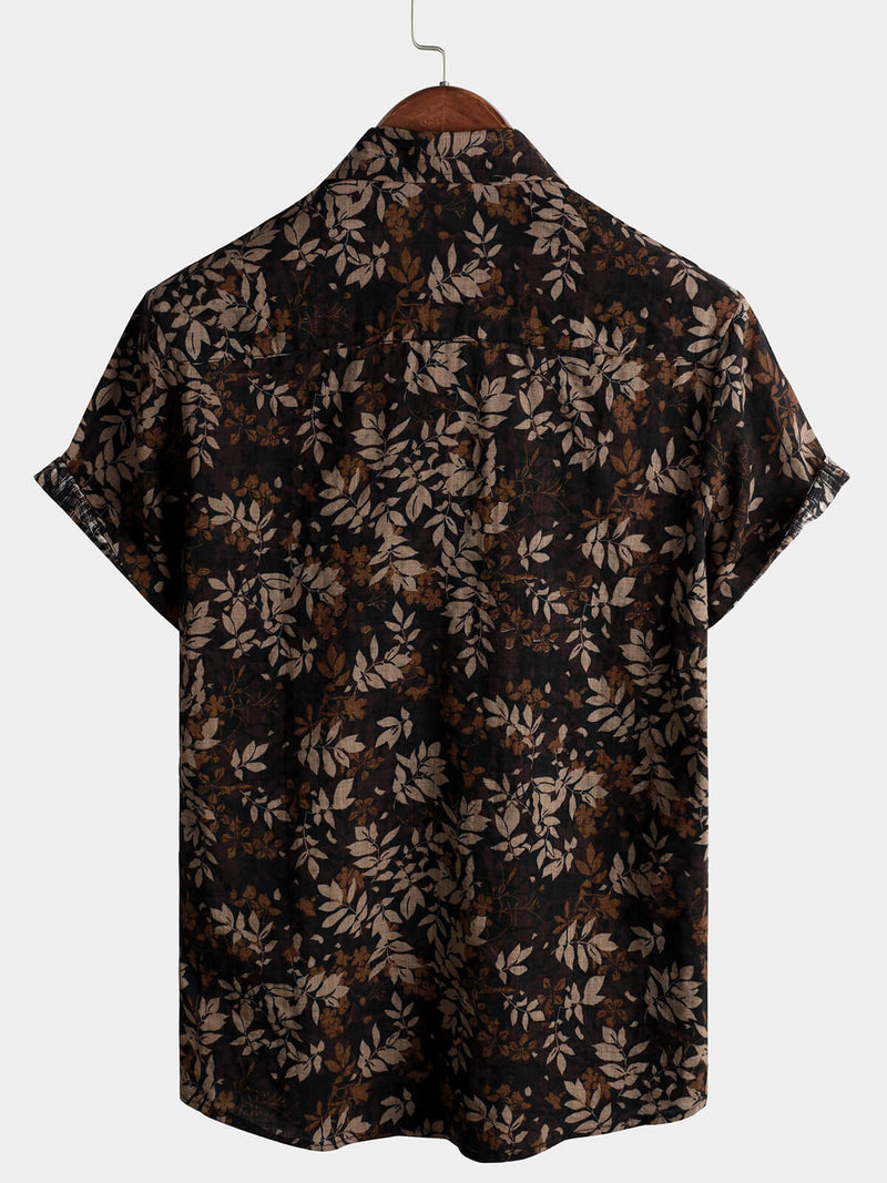 Men's Retro Leaf Floral Print Cotton Button Up Vintage Holiday Short Sleeve Shirt