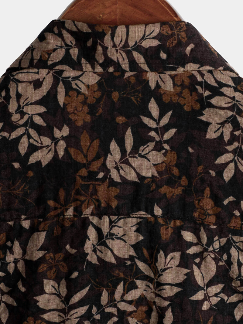 Men's Retro Leaf Floral Print Cotton Button Up Vintage Holiday Short Sleeve Shirt