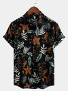 Men's Retro Leaf Floral Print Cotton Button Up Vintage Holiday Short Sleeve Shirt