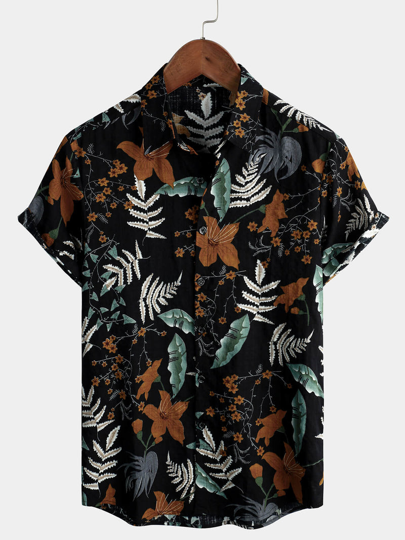 Men's Retro Leaf Floral Print Cotton Button Up Vintage Holiday Short Sleeve Shirt