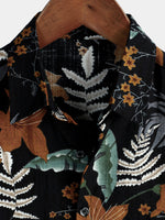 Men's Retro Leaf Floral Print Cotton Button Up Vintage Holiday Short Sleeve Shirt