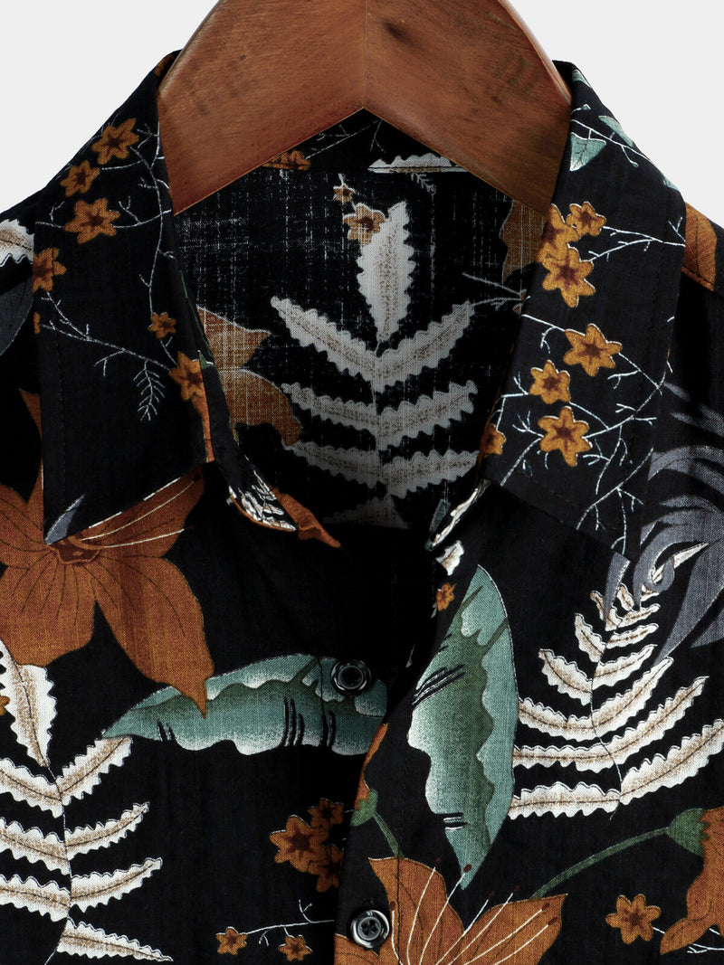 Men's Retro Leaf Floral Print Cotton Button Up Vintage Holiday Short Sleeve Shirt