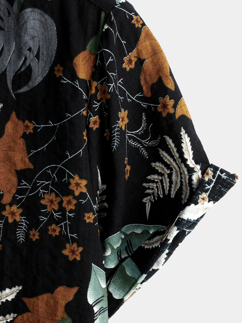 Men's Retro Leaf Floral Print Cotton Button Up Vintage Holiday Short Sleeve Shirt