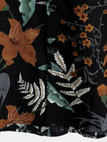 Men's Retro Leaf Floral Print Cotton Button Up Vintage Holiday Short Sleeve Shirt