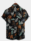 Men's Retro Leaf Floral Print Cotton Button Up Vintage Holiday Short Sleeve Shirt