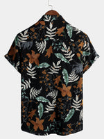 Men's Retro Leaf Floral Print Cotton Button Up Vintage Holiday Short Sleeve Shirt