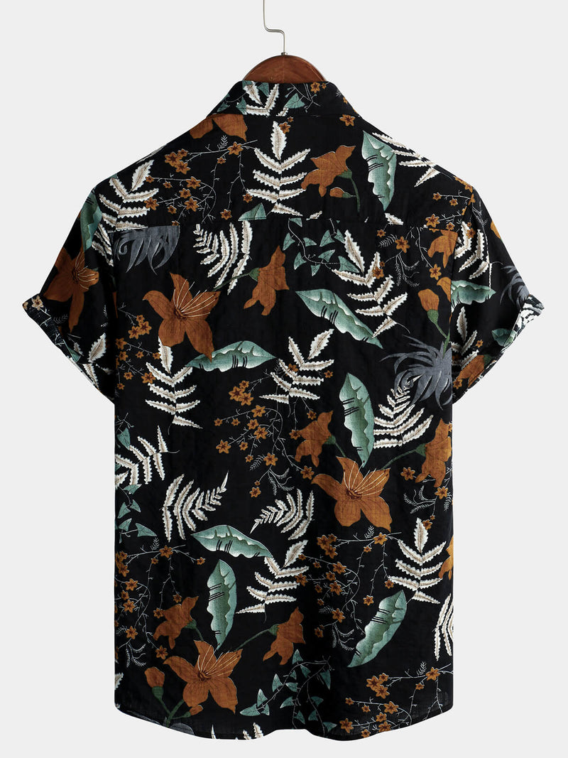 Men's Retro Leaf Floral Print Cotton Button Up Vintage Holiday Short Sleeve Shirt