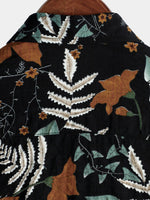 Men's Retro Leaf Floral Print Cotton Button Up Vintage Holiday Short Sleeve Shirt